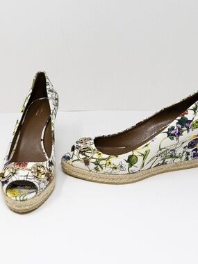 NEW Gucci Floral Flower Print Horsebit Open Toe Wedge Heels Slip On Shoes 9.5